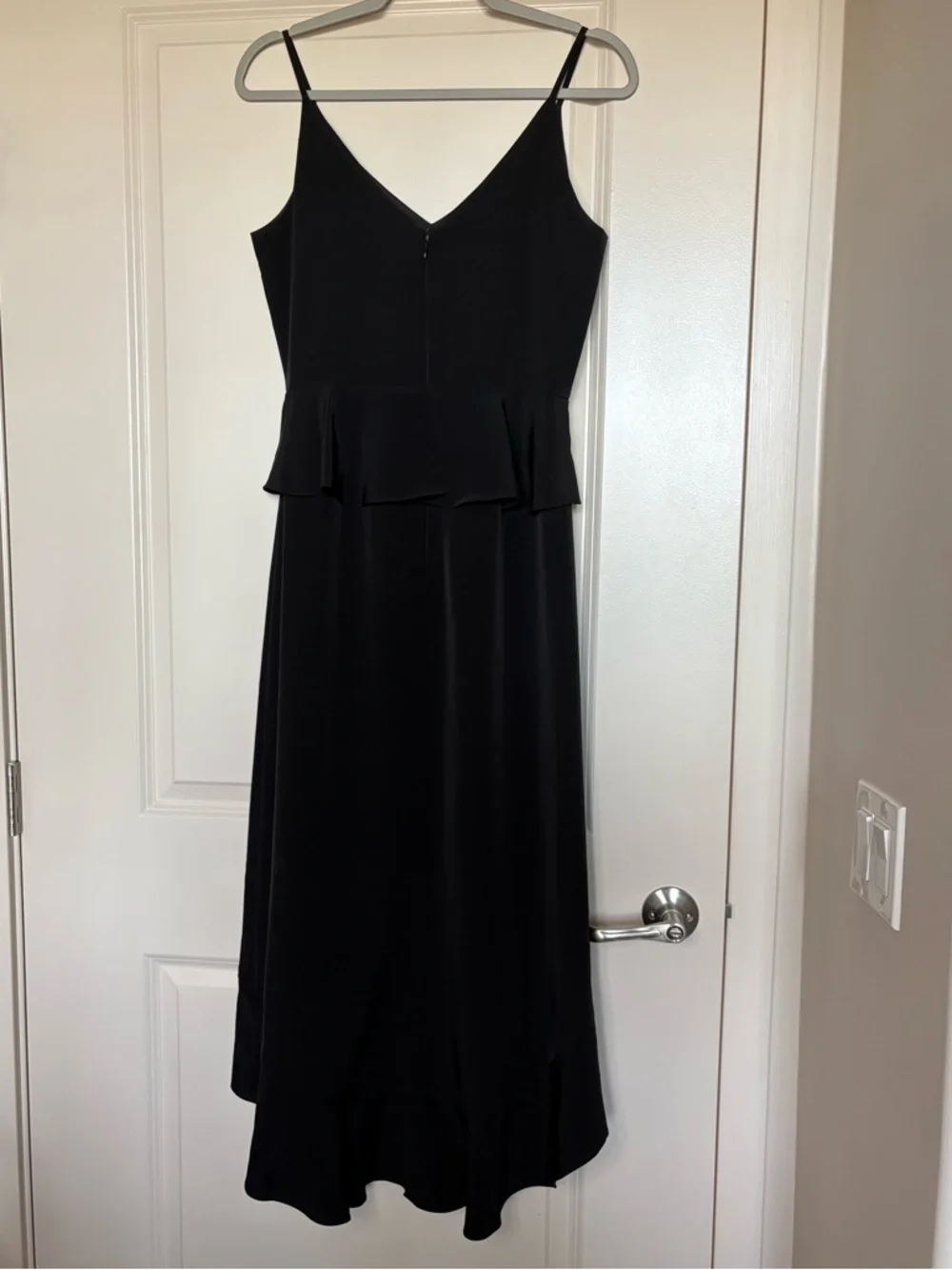 H by Halston Black Spaghetti V-Neck High Low Ruffle Peplum Dress Size XS